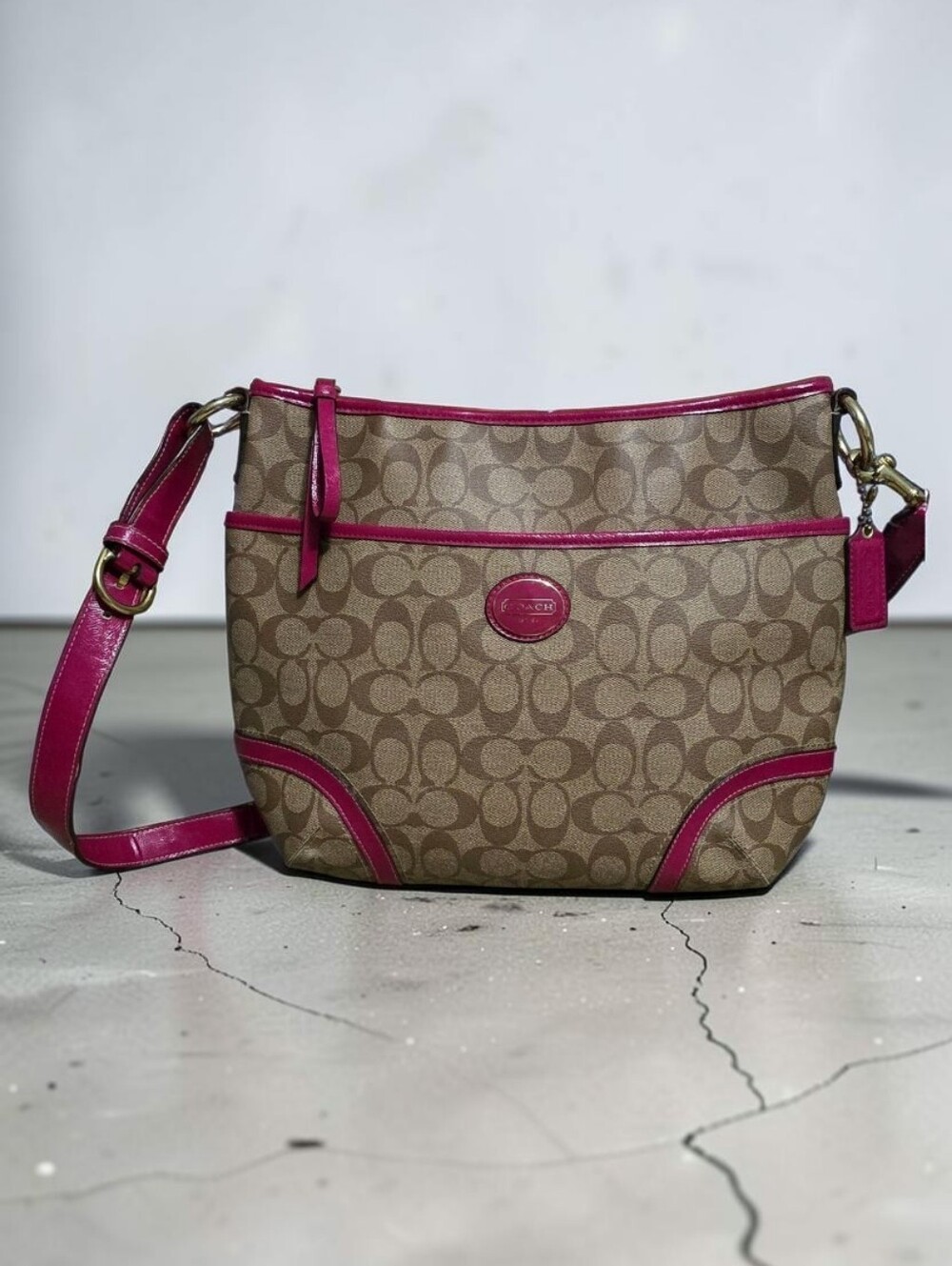 Coach Peyton Signature Brown & Fuschia Coated Canvas & Leather Crossbody Bag